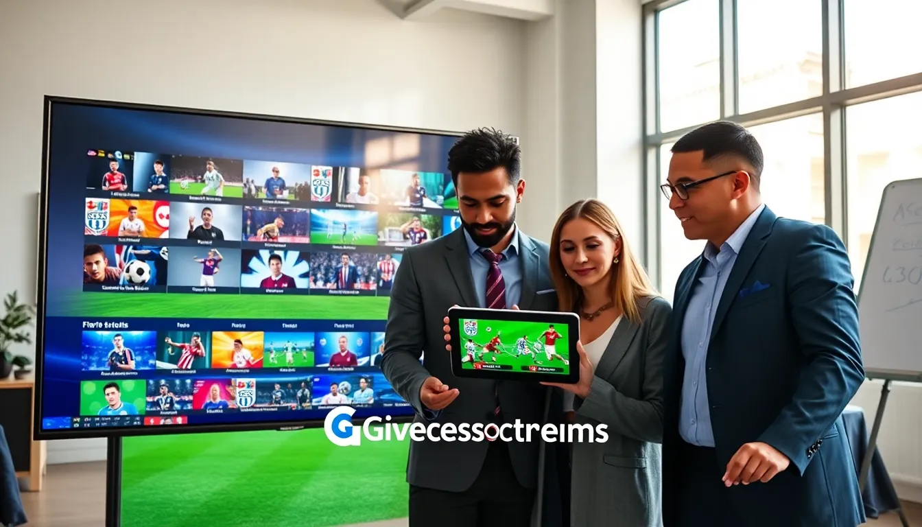 professionals discussing soccer streams in a modern office.